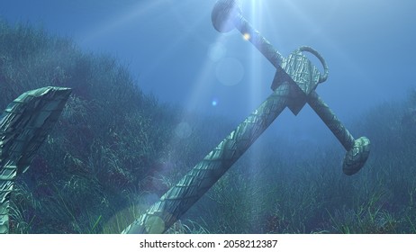 Anchor Under Water Sun Ray Illustration 3d Rendering