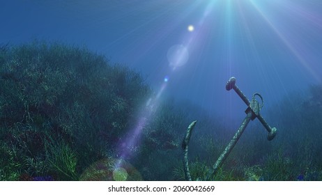 Anchor Under Water Sun Ray Illustration 3d Rendering