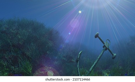 Anchor Under Water Sun Ray Illustration 3d Rendering