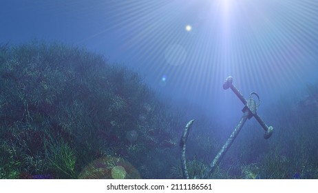 Anchor Under Water Sun Ray Illustration 3d Rendering