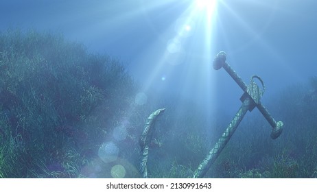 Anchor Under Water Sun Ray Illustration 3d Rendering