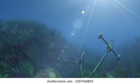 Anchor Under Water Sun Ray Illustration 3d Rendering