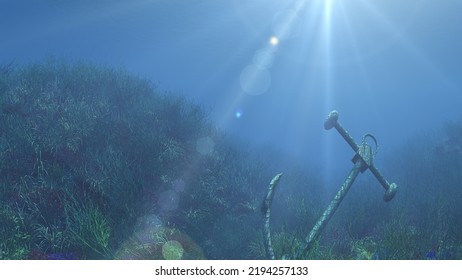 Anchor Under Water Sun Ray Illustration 3d Rendering