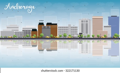 Anchorage (Alaska) Skyline with Grey Buildings, Blue Sky and reflections. Business and tourism concept with place for text. Image for presentation, banner, placard and web site 