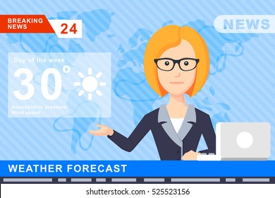 Anchorman On Tv Broadcast News Flat Illustration. Globe Background. Anchorman With The Weather Report.