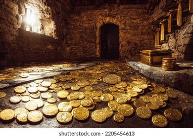 Ancient And Antique Treasure In A Knight's Castle, With Gold Coins And Precious Jewelry, 3d Illustration