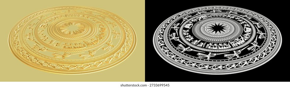 Ancient bronze drum pattern. Vietnamese traditional bronze drum pattern. Trống đồng Đông Sơn. Dong Son Bronze Drums isolated. 3d illustration