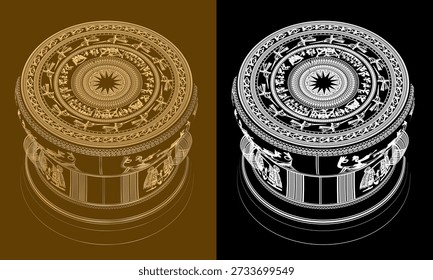 Ancient bronze drum pattern. Vietnamese traditional bronze drum pattern. Trống đồng Đông Sơn. Dong Son Bronze Drums isolated. 3d illustration