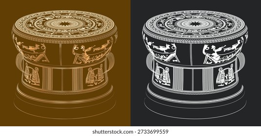 Ancient bronze drum pattern. Vietnamese traditional bronze drum pattern. Trống đồng Đông Sơn. Dong Son Bronze Drums isolated. 3d illustration