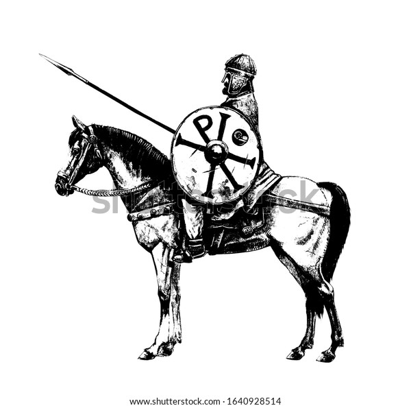 Ancient\
byzantine rider. Ancient warrior on horseback. Chi Rho on the\
knight\'s shield. Black white\
Illustration.