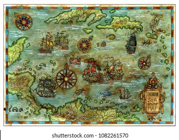 Ancient Caribbean Sea map with pirate ships and islands. Decorative antique background with nautical chart, adventure treasures hunt concept, watercolor hand drawn illustration