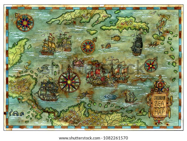 海賊船と島を持つ古代カリブ海の地図 海図と装飾的なアンティーク背景 冒険物狩りのコンセプト 水彩手描きのイラスト のイラスト素材