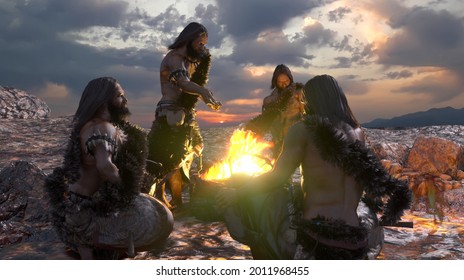 ancient cavemen people sit near a campfire render 3d illustration