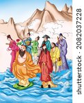 Ancient Chinese folklore and Myth: Eight Immortals crossing the sea. The eight immortals used their abilities to cross the sea.