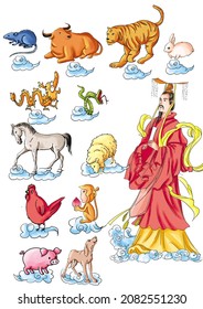 Ancient Chinese Folklore And Mythology: The Legend Of The Twelve Zodiac Animals. The Jade Emperor Chose Twelve Animals As The Human Zodiac. Rat, Cow, Tiger, Rabbit, Dragon, Snake, Horse, Sheep……