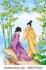 Ancient Chinese Folktales and myths: Xiangfei bamboo. After the death of the ancient emperor Shun, his two wives cried every day, leaving tears on the bamboo, which is called "Xiangfei bamboo".