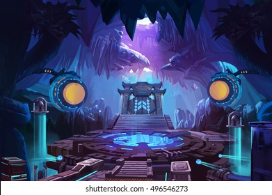 Ancient Chinese Mystery Cave with Science Fiction Building. Video Game's Digital CG Artwork, Concept Illustration, Realistic Cartoon Style Background