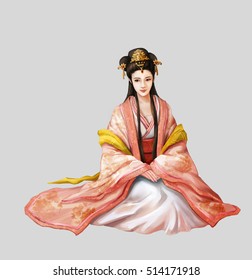 Ancient Chinese People Artwork: Beautiful Woman, Princess, Beauty. Video Game's Digital CG Artwork, Concept Illustration, Realistic Cartoon Style Background And Character Design