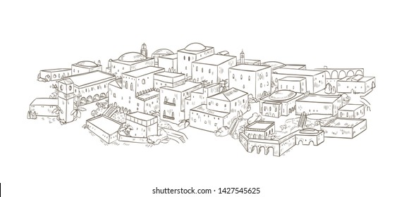 Ancient City With Old Buildings Of Oriental Architecture Hand Drawn With Contour Lines On White Background. Monochrome Drawing Of Jerusalem Or Baghdad. Beautiful Cityscape.