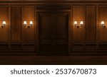 Ancient classic interior with double doors. Old house, castle, monastery. Vintage interior, classic style. 3d illustration