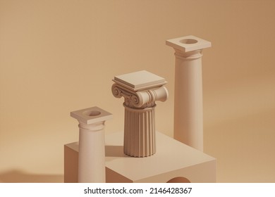 Ancient Column Pedestal Isolated Museum Piece Background, Classical Greek Pillar Platform, Classic Luxurious Abstract Podium Cosmetic Background. 3d Rendering Illustration.
