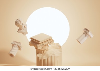 Ancient Column Pedestal Isolated Museum Piece Background, Greek Man, Stone Statue. Classic Luxurious Abstract Podium Cosmetic Background. 3d Rendering Illustration.
