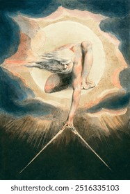 Ancient of Days Setting a Compass to the Earth (1794) illustration from Europe: a Prophecy by William Blake (1752-1827). Vintage god art drawing illustration, old religious painting art print.