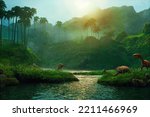 The ancient dinosaurs lived in a nature park of the Jurassic period, in which forests, lakes, and volcanoes were present. 3D rendering.