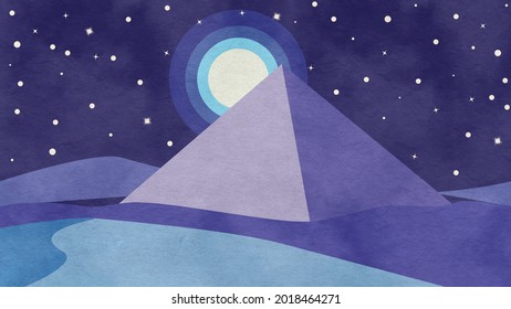 Ancient Egypt Desert, Night Landscape With Big Pyramid, Textured Illustration.