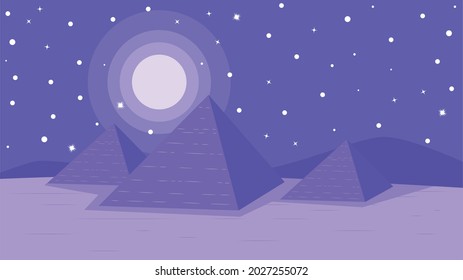 Ancient Egypt Desert, Night Landscape With Three Pyramids Illustration.