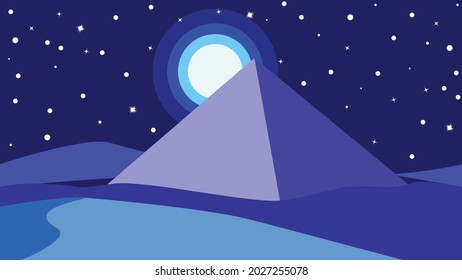 Ancient Egypt Desert, Night Landscape With Big Pyramid Illustration.