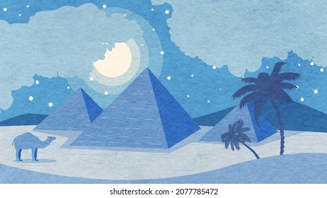 Ancient Egypt Desert, Night Landscape With Three Pyramids, Grunge Illustration.