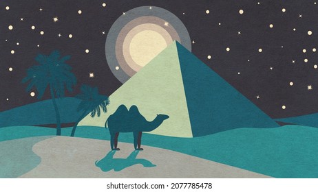 Ancient Egypt Desert, Night Landscape With Big Pyramid, Textured Illustration.