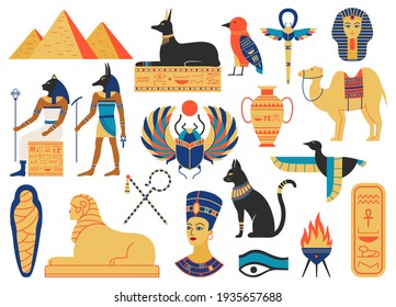 Ancient egypt symbols. Mythological creatures, egypt gods, pyramid and sacred animals. Egypt religion and mythology symbols  illustration set