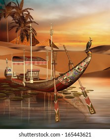 Ancient Egyptian Boat On A River