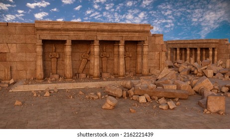 Ancient Egyptian Temple Ruins With Sandstone Rubble On The Ground. 3D Illustration.