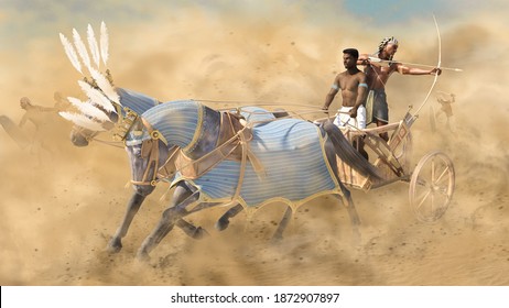 Ancient Egyptian war chariot in battle with archer and driver, 3d render.