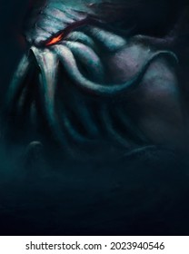 The ancient giant sea monster Cthulhu, which has risen from the bottom of the ocean, has many tentacles on its face, its eyes glow with red light. 2D illustration