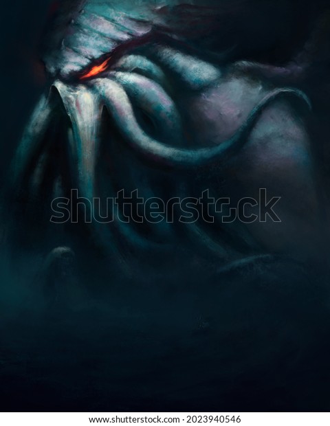 The ancient giant sea monster\
Cthulhu, which has risen from the bottom of the ocean, has many\
tentacles on its face, its eyes glow with red light. 2D\
illustration