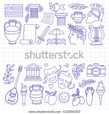 Ancient Greece  elements in doodle style Travel, history, music, food, wine