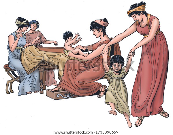 Ancient Greece - Group of Spartan women with their children