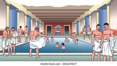 Ancient Greece - Men Relax In Ancient Baths With A Large Swimming Pool