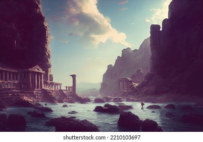 Ancient Greece Ruins Landscape Digital Art, 3D Render, Concept Art