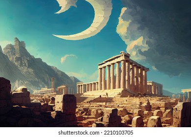 Ancient Greece Ruins Landscape Digital Art, 3D Render, Concept Art