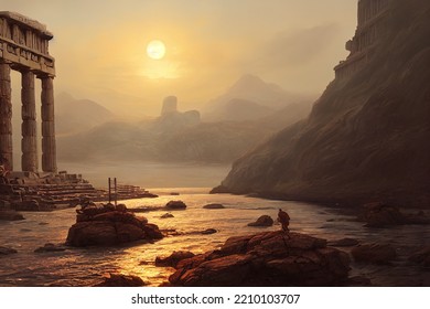 Ancient Greece Ruins Landscape Digital Art, 3D Render, Concept Art