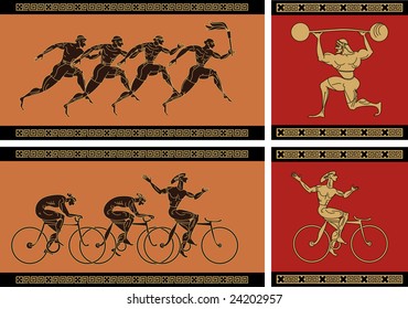 Ancient Greek Athletes. Stylized figures "on ceramics": ancient runners, bicyclists, weight-lifter