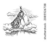 Ancient Greek Character Bellerophon Riding Pegasus Horse Above the Clouds on the top of Olympus Mountain Hand Drawn Sketch Illustration