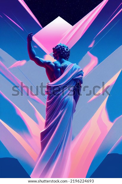 Ancient greek god statue art in\
retrowave city pop futuristic style, digital art, 3d\
rendering