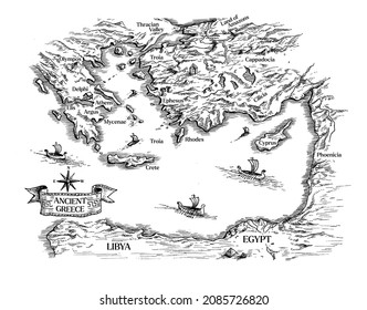 Ancient Greek Lands And Regions Map Of Aegean Sea And Anatolia Hand Drawn Sketch Illustration