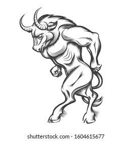 Ancient Greek mythological monster Minotaur in engraving style on white. 